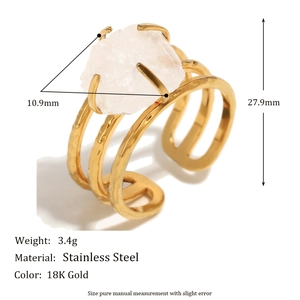 18K gold plated stainless steel triple band ring featuring a white natural raw stone
