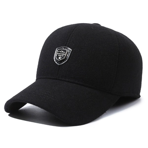 Men's winter baseball cap in black wool blend with ear protection and warm fleece lining