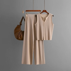 Women's summer sleeveless knit top and wide-leg pants set in elegant beige color