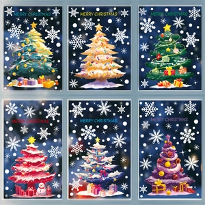 Festive Christmas tree window stickers set with snowflakes and gift box designs