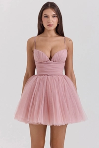 Detail of pink mesh mini dress featuring multi-layer lace texture and pleated high waist