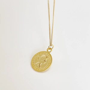 Minimalist 925 sterling silver necklace with a golden Elizabeth II coin pendant in 14k gold finish
