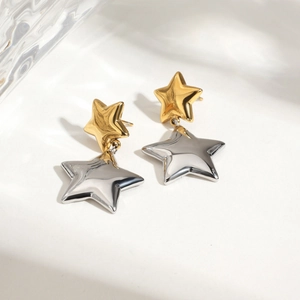 Minimalist 18K gold stainless steel earrings featuring two-tone gold and silver stars