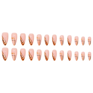 Almond-shaped press-on nails with leopard patterns, black stripes, and gold glitter accents