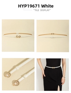 Detailed views of white slim leather belt with gold shell buckle and pearl accent