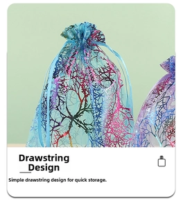 Detail of drawstring organza jewelry bags with gold coral patterns in blue and purple