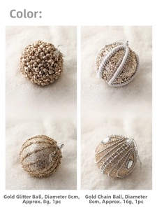Detail of four golden 8cm Christmas baubles with beads, glitter, and chain textures
