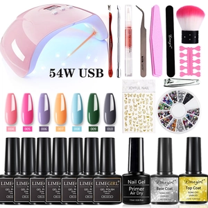 Comprehensive professional 54W USB nail lamp kit with colorful gel polishes and manicure tools