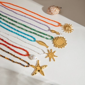 Colorful beaded titanium steel necklaces with sun, starfish, and baroque pearl pendants