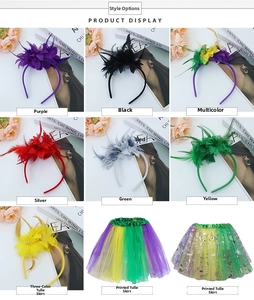 Collection of carnival feather headbands and tulle skirts in various vibrant colors