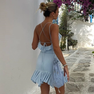 Light blue backless V-neck mini dress with ruffled hem and crisscross strap detail