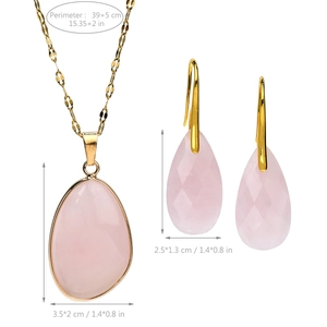 Detail view of pink crystal teardrop jewelry set with necklace and earring dimensions