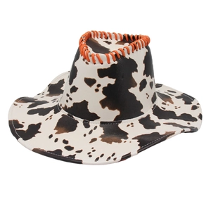 Western Cowboy Hat Cow Print Faux Leather Wide Brim Fashion Party Outdoor Contrast Stitching Detail