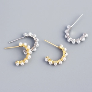 925 Sterling Silver Hoop Earrings With White Artificial Pearl Inlay Elegant C Shape Minimalist Ear Studs Jewelry For Women