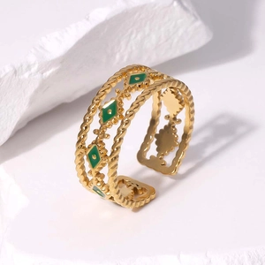 Adjustable golden twisted rope ring with green diamond-shaped enamel inlay ornaments