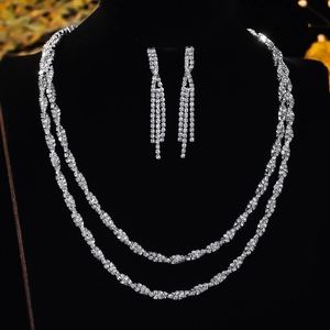 Luxurious silver bridal jewelry set with double-layer rhinestone necklace and tassel earrings
