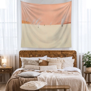 Detail view of Bohemian tapestry as a bedroom wall hanging with abstract landscape