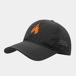 Black laser-cut baseball cap with orange flame embroidery and quick-dry mesh design