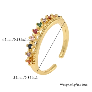 Detail view of gold open ring with colorful zircon stones and technical dimensions