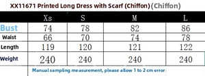 Detailed size chart for the printed chiffon scarf dress showing body measurements