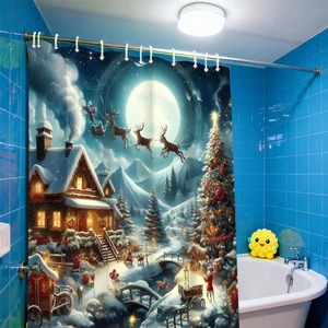 Christmas shower curtain featuring Santa on a reindeer sleigh over a snowy village