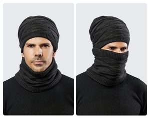 Close-up of thick ribbed knit hat and neck warmer set with multi-way wearing detail