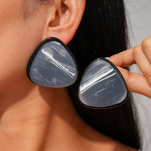 Geometric Triangle Stud Earrings With Resin Marble Texture And Silver Earring Post Modern Niche Fashion For Women