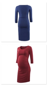 Detail showing side ruching on crew neck long sleeve maternity dress in wine and navy