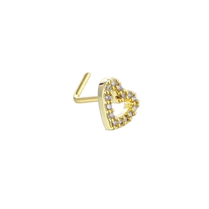 L-shaped gold nose stud with sparkling heart-shaped cubic zirconia inlay on white background