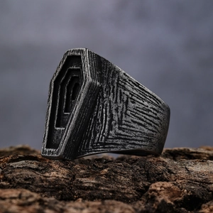 Vintage punk coffin ring in antique silver finish with textured gothic metal details