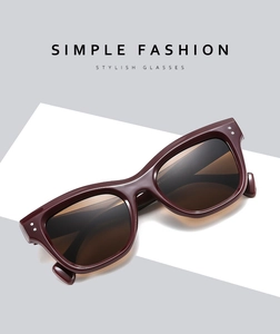 Detail view of square gradient brown sunglasses with silver rivets on polished frame