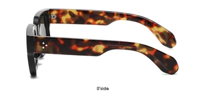 Side view of tortoise shell thick frame sunglasses featuring classic triple metal rivets