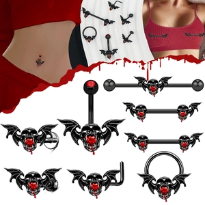 Gothic Bat Wing Skull Body Piercing Jewelry Alloy Red Heart Rhinestone Halloween Vampire Punk Style For Women And Men