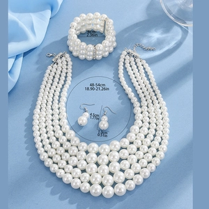 Detailed dimensions of multi-layer pearl necklace, bracelet, and earrings jewelry set