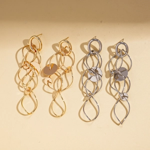 Modern gold and silver multilayer geometric hollow earrings with wavy metal wire design