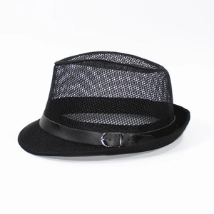 Detail of black breathable mesh fedora hat featuring a stylish decorative buckled belt