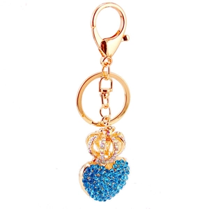 Golden crown and blue rhinestone heart keychain for women handbag accessories