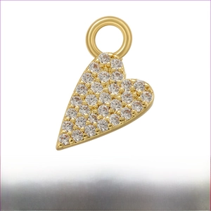 Detailed view of gold brass heart charm with white zircon pavé and dimensions
