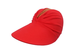 Detail view of red wide-brim sun hat with pleated texture and brown contrast top detail
