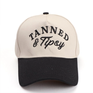 Beige and black color block baseball cap with TANNED & Tipsy letter embroidery