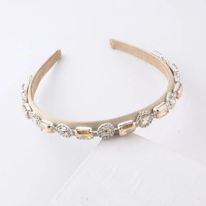 Elegant beige silk headband with sparkling crystals and silver metal accents for women