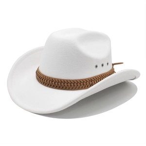 White wool felt western cowboy hat with brown braided band and silver ventilation eyelets