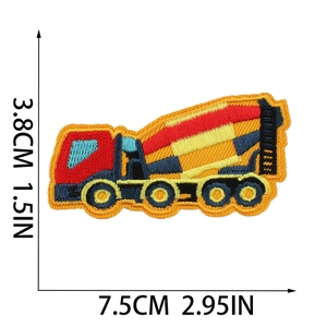 Detail of cement mixer truck embroidery patch with dimensions 7.5cm x 3.8cm