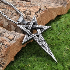 Vintage stainless steel pentagram evil eye pendant with silver finish on rustic wood