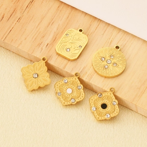Vintage gold stainless steel charms with embossed patterns and zircon for jewelry making