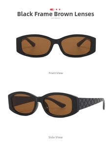 Detail of black frame sunglasses with tea lenses and quilted texture temples