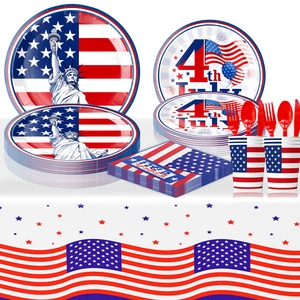 Patriotic Independence Day Party Tableware American Flag Star Pattern Paper Plates Napkins Cups Plastic Tablecloth Banner