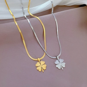 Titanium steel gold and silver clover pendant necklaces on flat snake chains