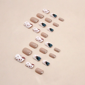 Short square press-on nails set with autumn leaf patterns and vintage French style