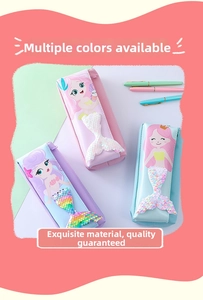 Detail of mermaid pencil cases featuring reversible sequins and zipper closure in three colors